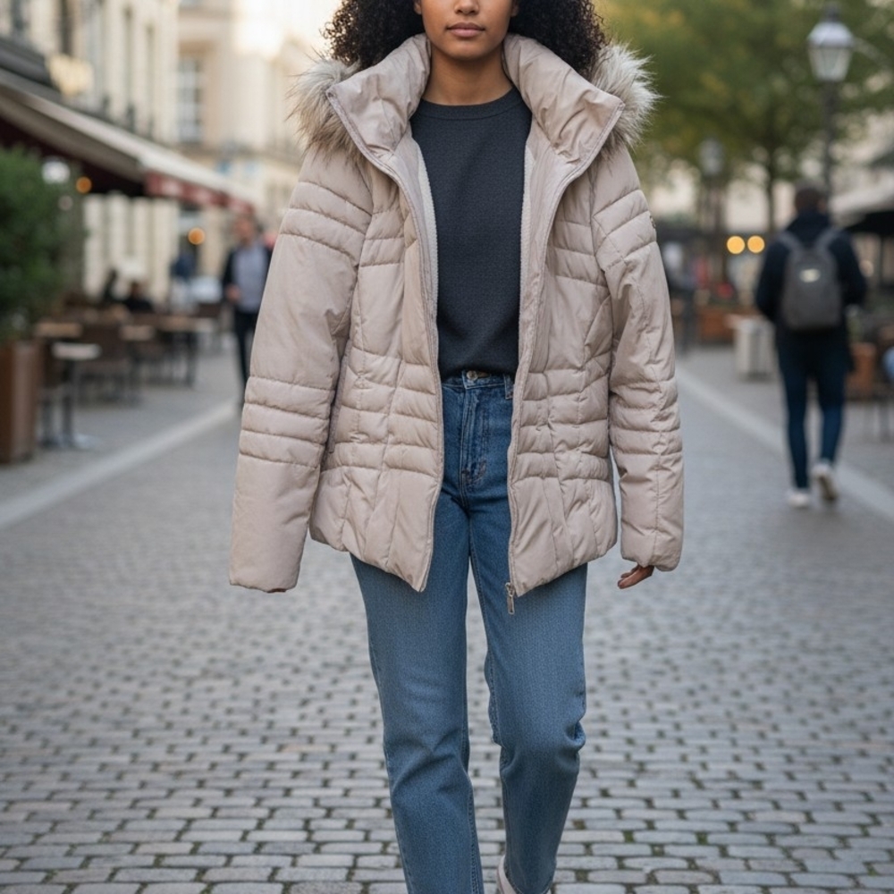 Calvin Klein Light Beige Quilted Puffer Jacket with Faux Fur Hood
